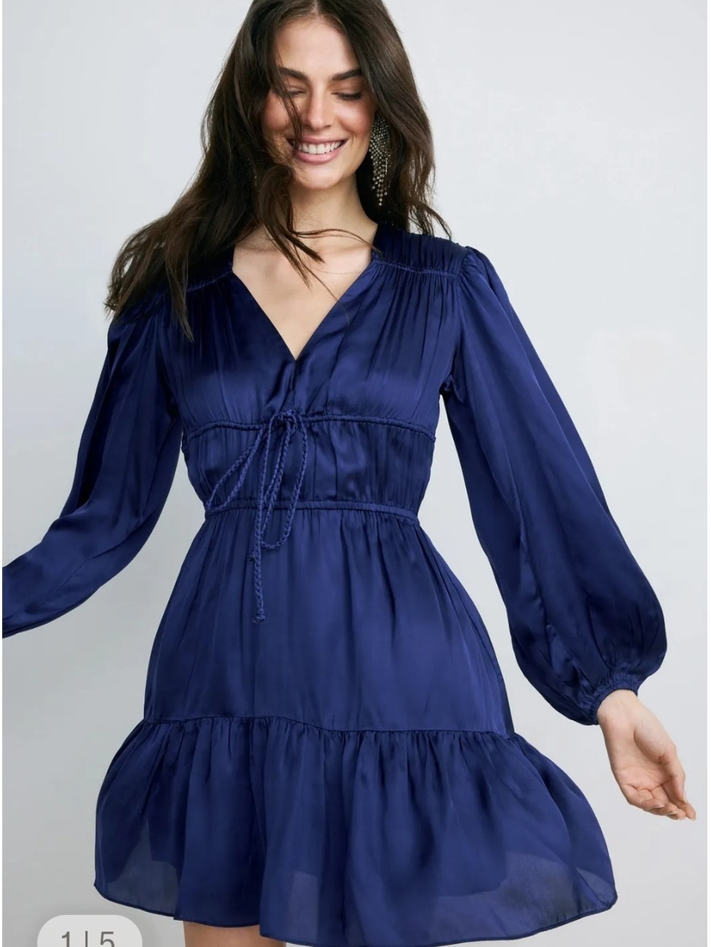 Maje Roulitana Smocked Tiered Mini Dress Navy Blue FR 40 US 8
